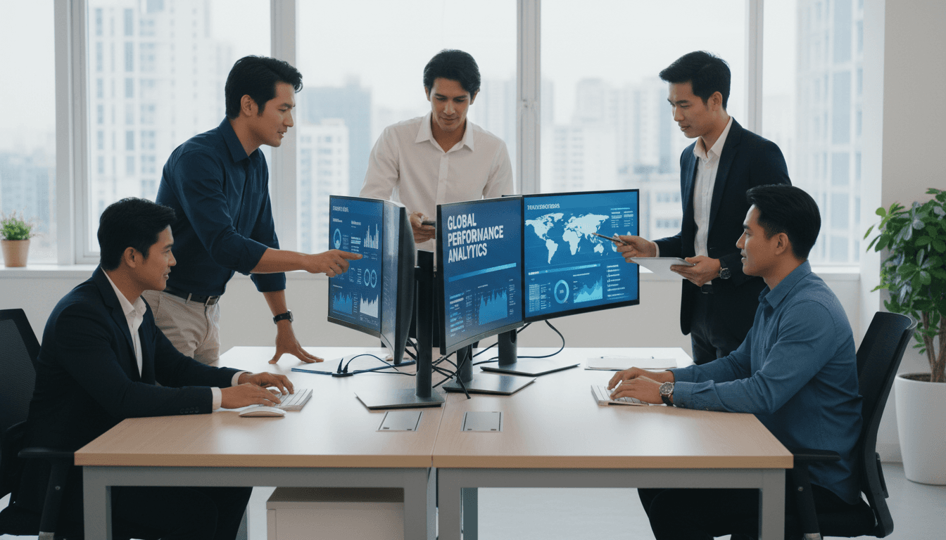 Digital marketing team reviewing analytics and campaign data on multiple screens in a bright modern office