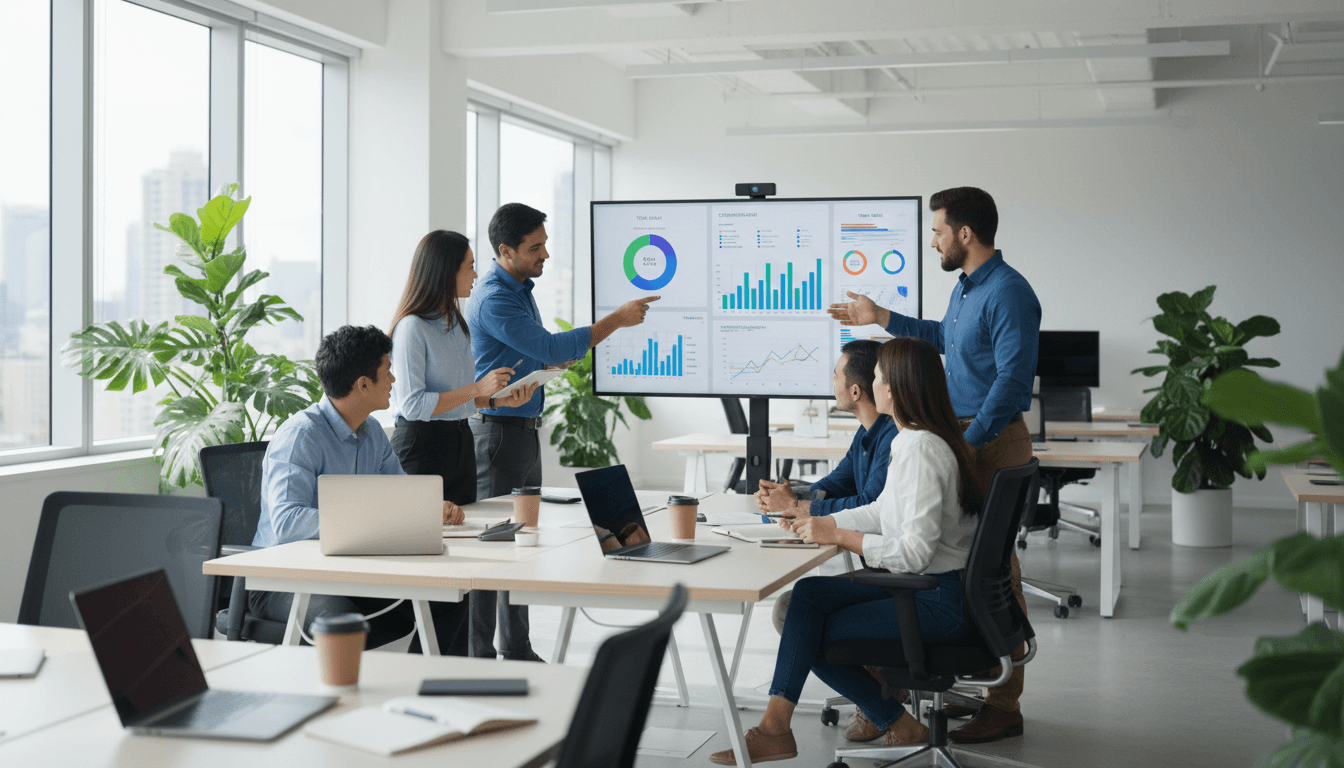 Digital marketing team collaborating at modern office workspace with analytics and campaign data