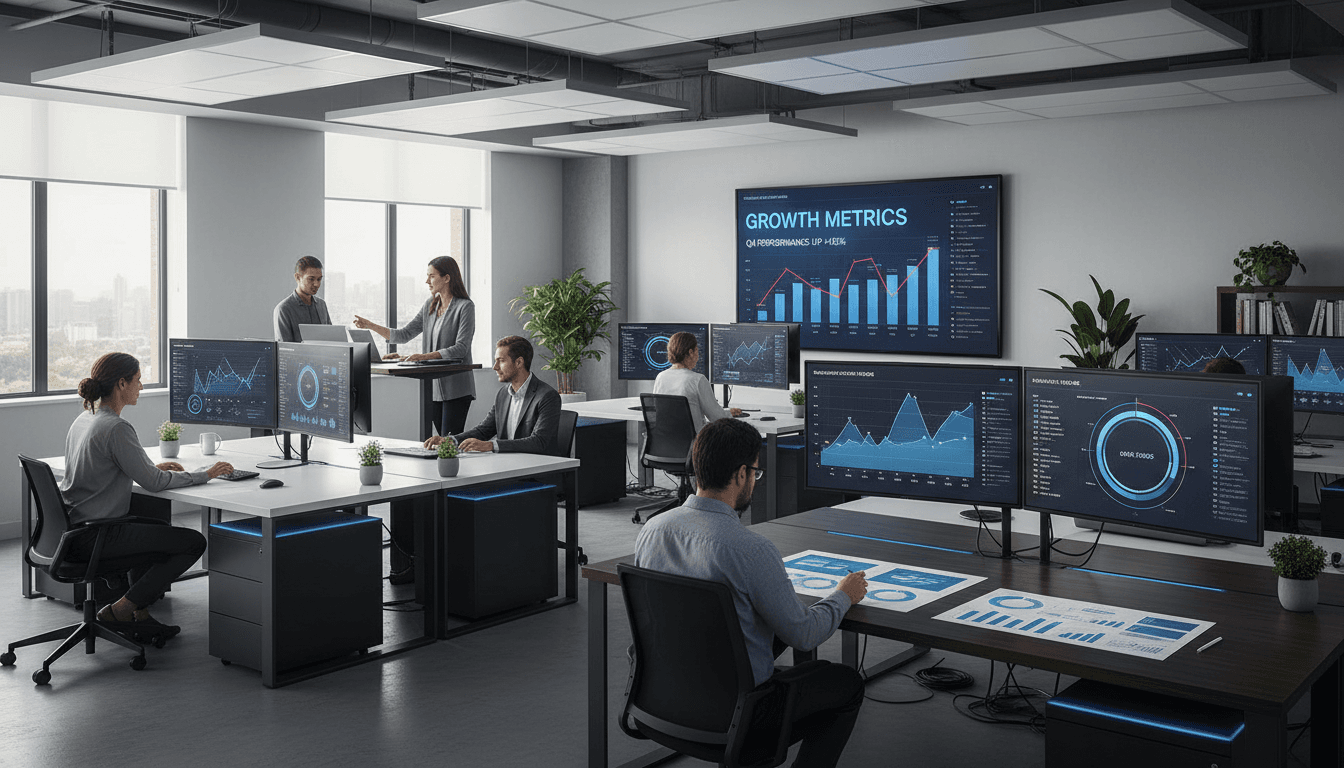 Team members discussing marketing strategy with data analytics visible on laptop screen